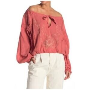 Free People Maria Maria Embroidered Boho Peasant Blouse Women's S Pink
